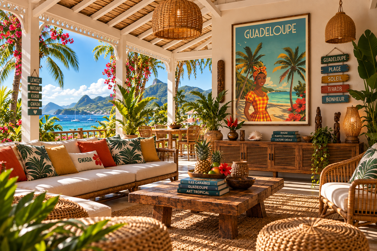 Poster Guadeloupe rétro présenté dans un intérieur ambiance antillaise – affiche voyage tropical Pais Chocolatine