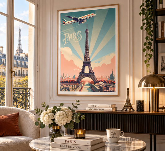 Affiche Paris vintage encadrée dans un appartement parisien chic – décoration murale Tour Eiffel Pais Chocolatine