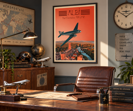 Affiche Albi vintage encadrée dans un bureau rétro ambiance aviation années 50 – décoration murale Pais Chocolatine
