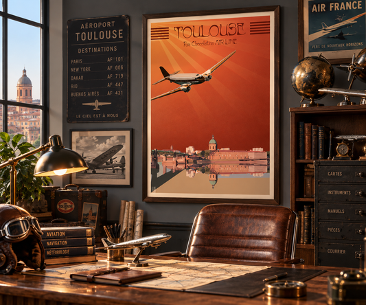 Affiche Toulouse vintage encadrée dans un bureau rétro ambiance aviation années 50 – décoration murale Pais Chocolatine