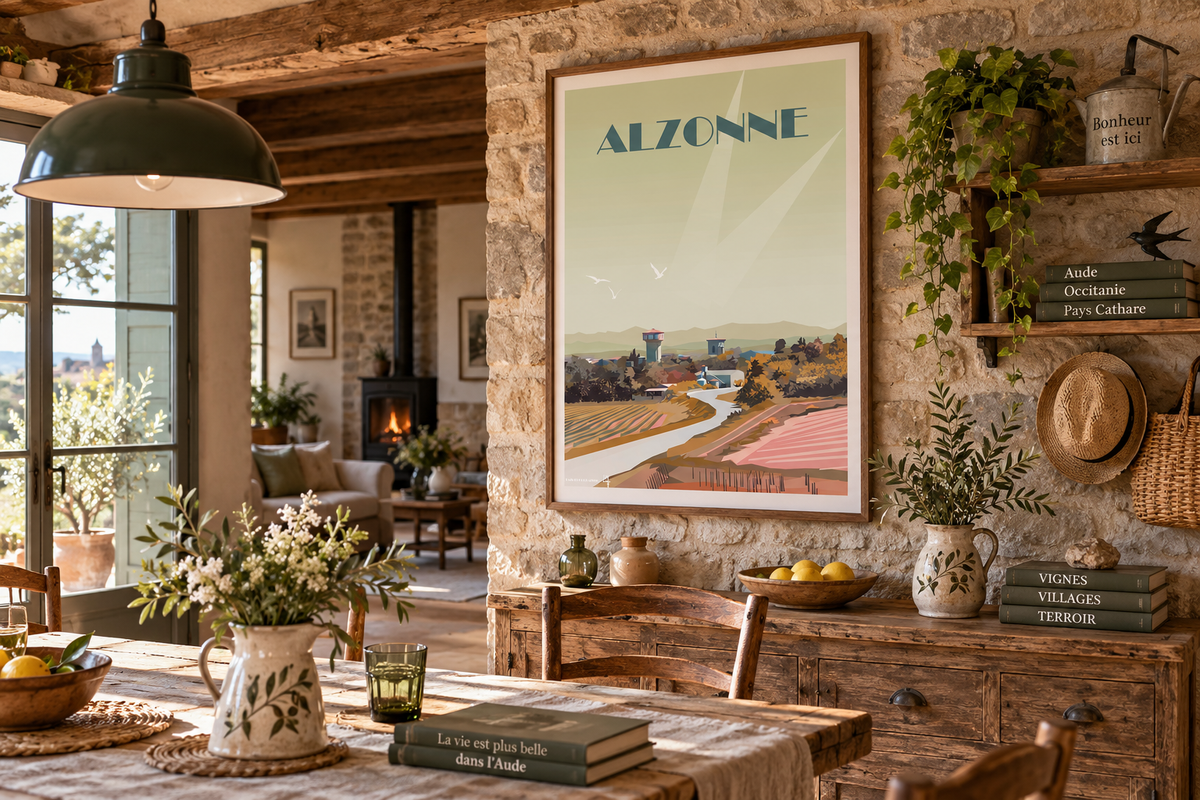 Affiche Alzonne dans une maison de campagne chaleureuse – poster vintage village de l’Aude Pais Chocolatine
