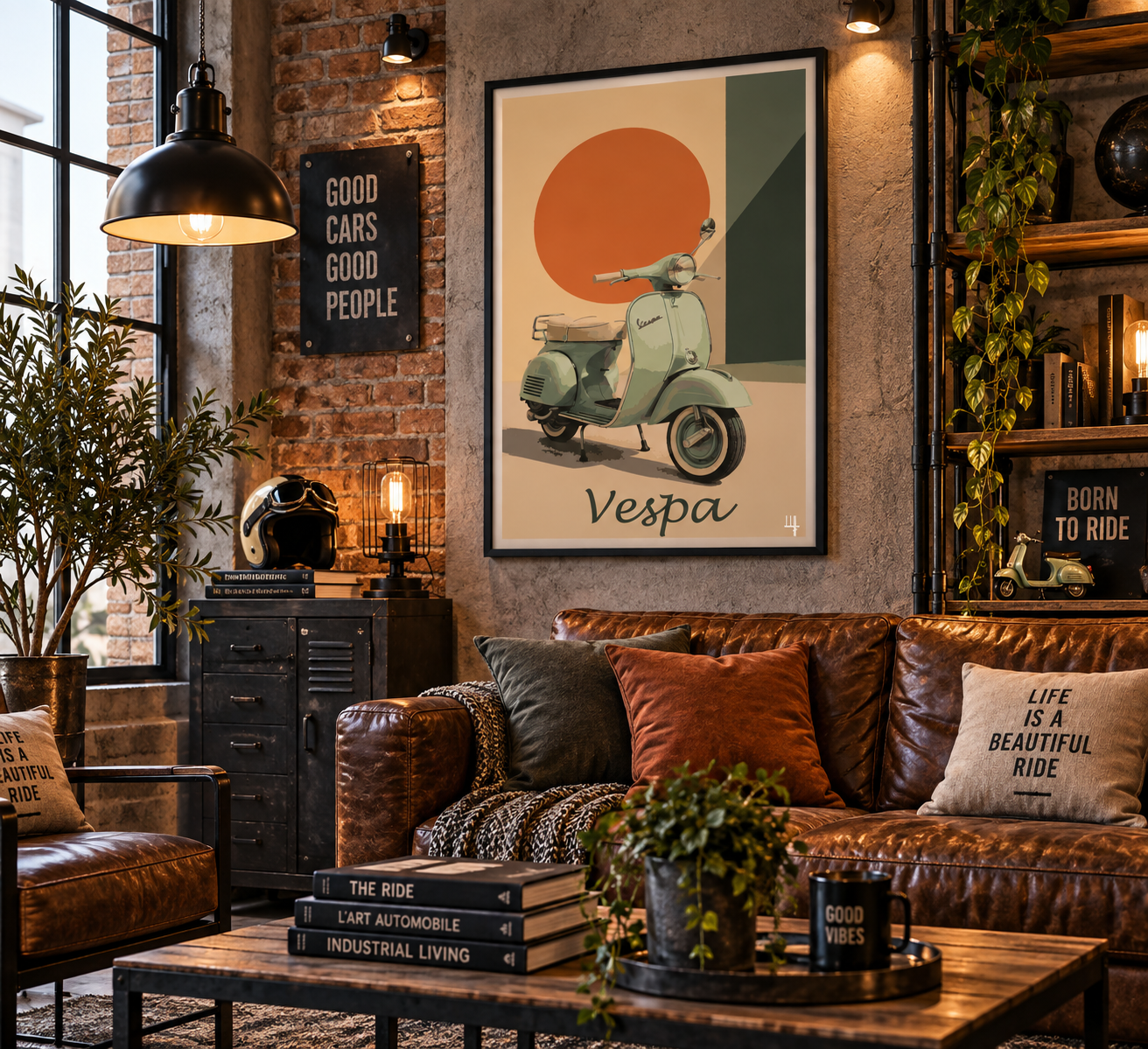 Affiche Vespa dans un salon industriel chic
