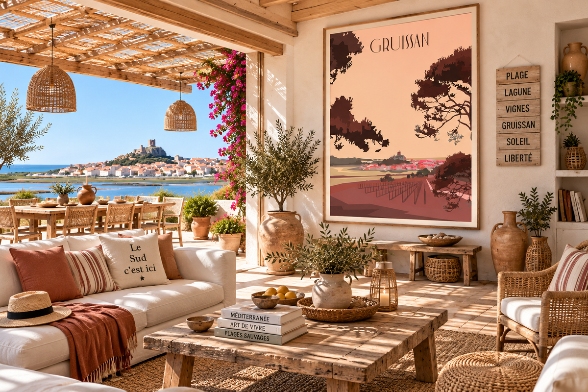Affiche vintage Gruissan Village dans un salon méditerranéen avec vue sur les étangs et la tour Barberousse – Pais Chocolatine