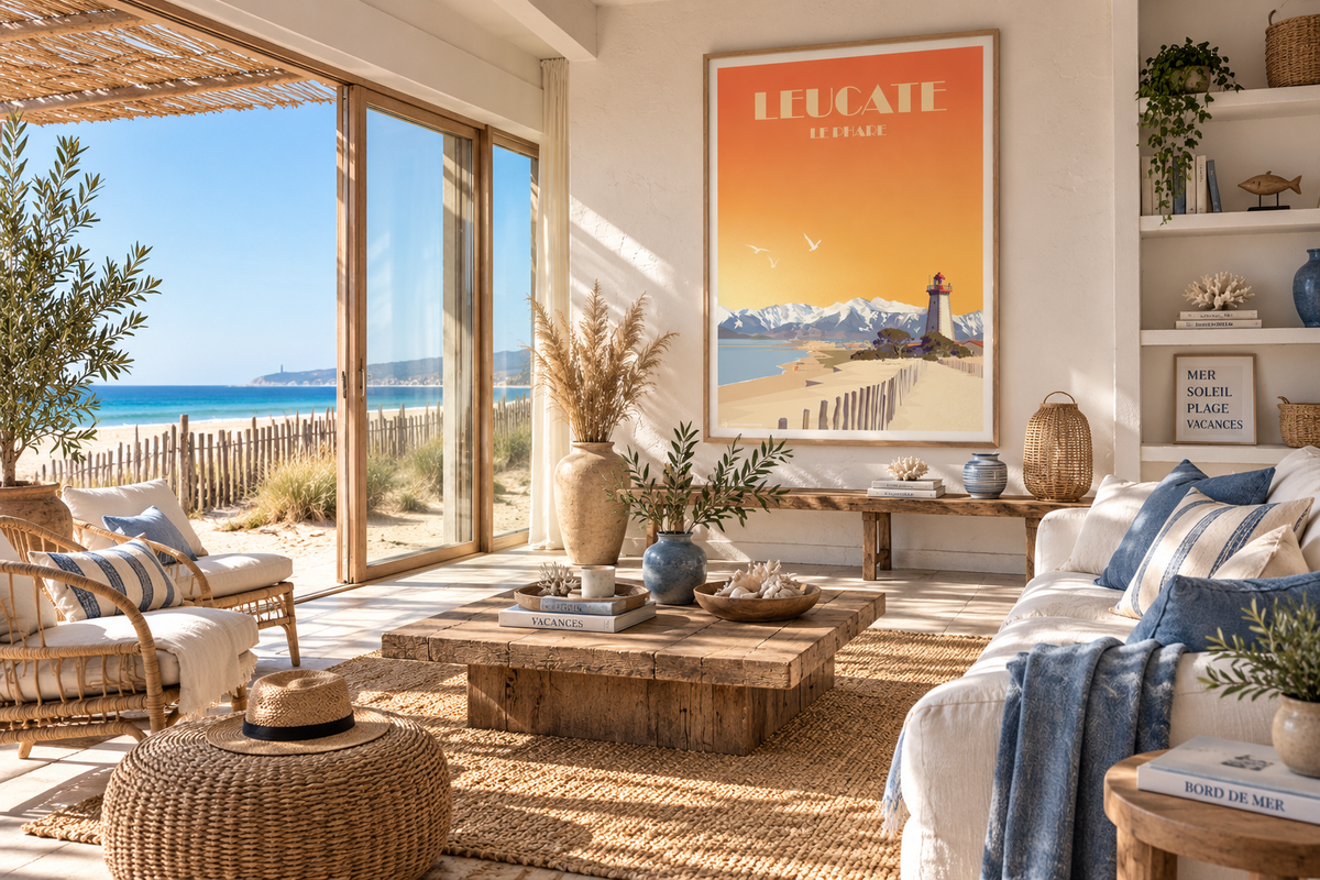Poster Leucate Le Phare présenté dans un salon côtier lumineux avec décoration plage et Méditerranée