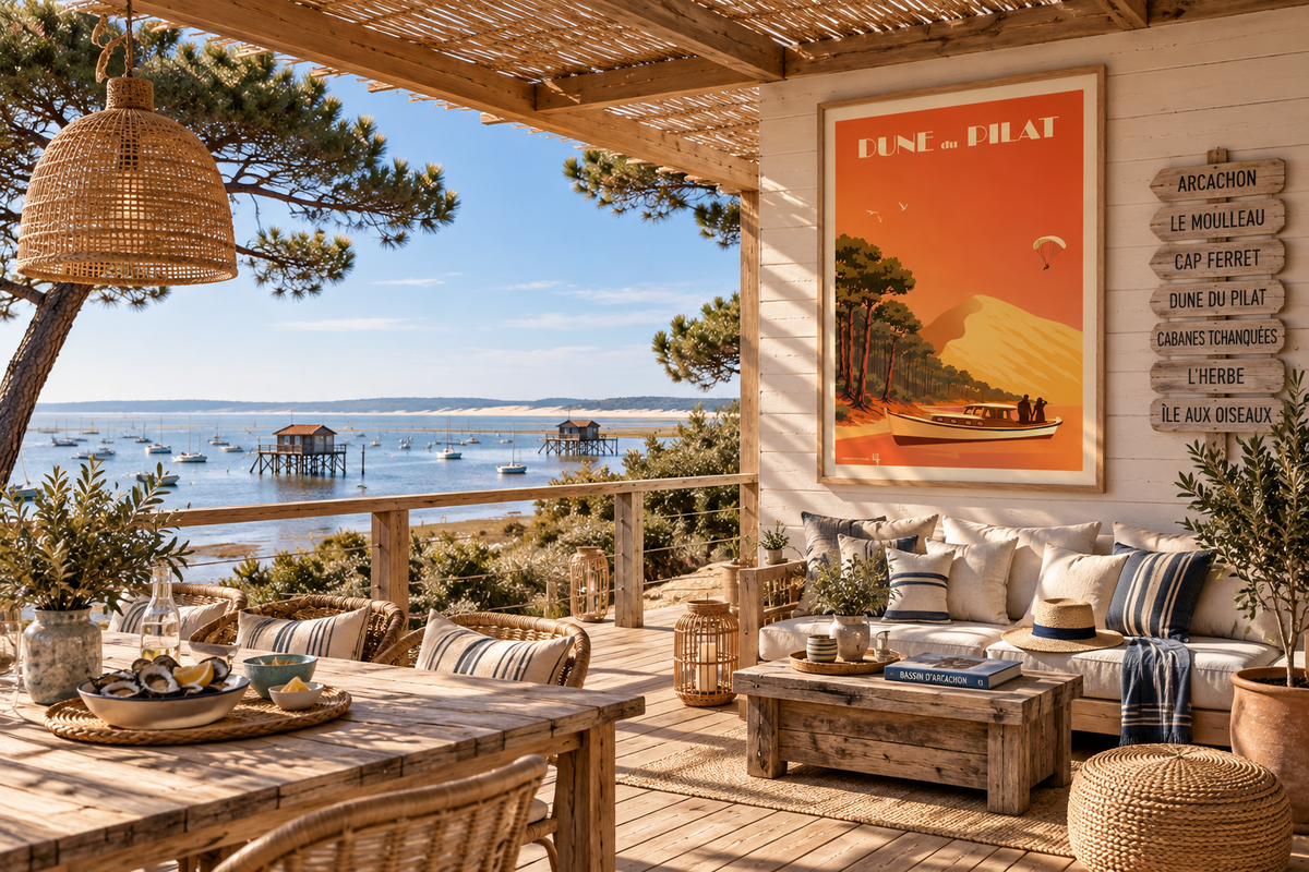 Poster Dune du Pilat Évasion à Arcachon dans un intérieur élégant – affiche vintage Bassin d’Arcachon Pais Chocolatine