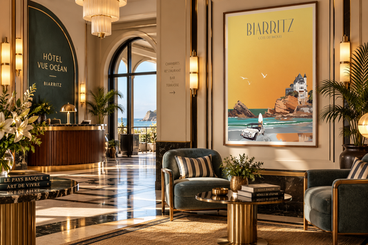 Affiche Biarritz Côte des Basques encadrée dans un hall d’hôtel Art déco – décoration murale vintage Pais Chocolatine