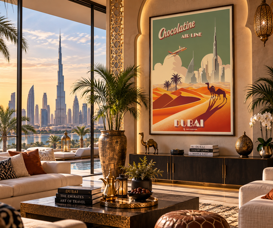 Affiche Dubaï vintage encadrée dans un intérieur moderne luxueux – décoration murale Burj Khalifa Pais Chocolatine
