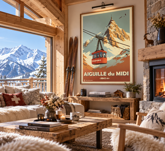Affiche Aiguille du Midi présentée dans un intérieur esprit montagne – décoration murale vintage Chamonix et Alpes, Pais Chocolatine