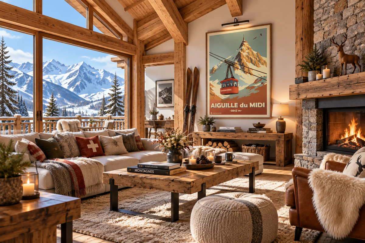Affiche vintage Aiguille du Midi en situation dans un chalet – poster rétro de Chamonix, montagne et massif du Mont-Blanc, Pais Chocolatine