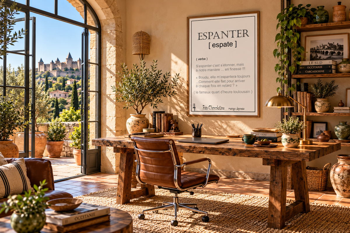 Affiche Espanter présentée dans un bureau méditerranéen ensoleillé, décoration esprit Occitanie et Sud de la France