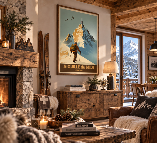 Affiche Aiguille du Midi dans un chalet de montagne – décoration alpine vintage Mont-Blanc