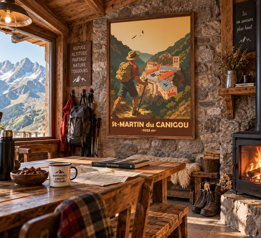 Affiche Saint-Martin-du-Canigou présentée dans un refuge de montagne – décoration murale vintage des Pyrénées catalanes, Pais Chocolatine