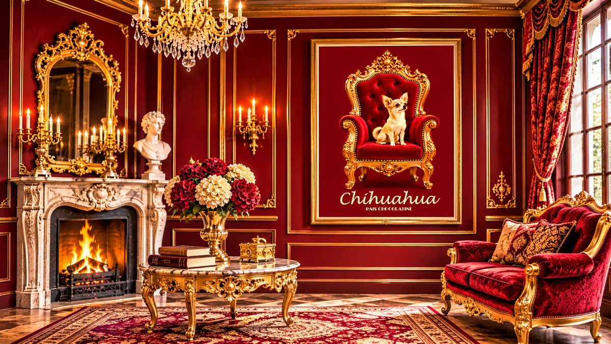 Affiche vintage Chihuahua présentée dans un salon raffiné, décoration rétro chic inspirée des portraits aristocratiques de chiens.