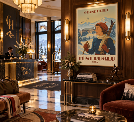 Affiche vintage Font-Romeu et Grand Hôtel présentée dans un hall d'hotel art deco chaleureux esprit montagne