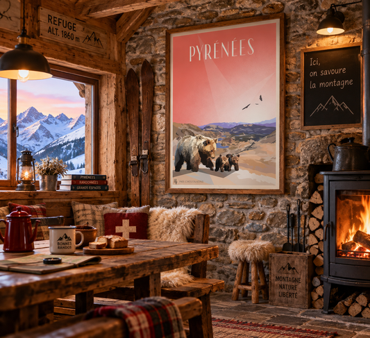 Affiche Pyrénées Le Refuge Sauvage dans un refuge de montagne – décoration ours et grands espaces