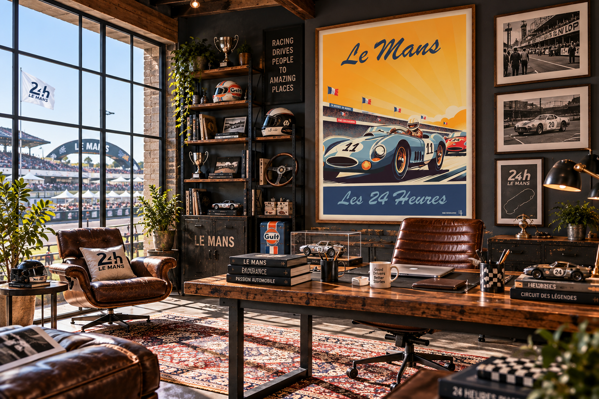 Affiche Le Mans dans un bureau de passionné de sport automobile – poster vintage course et belles mécaniques Pais Chocolatine