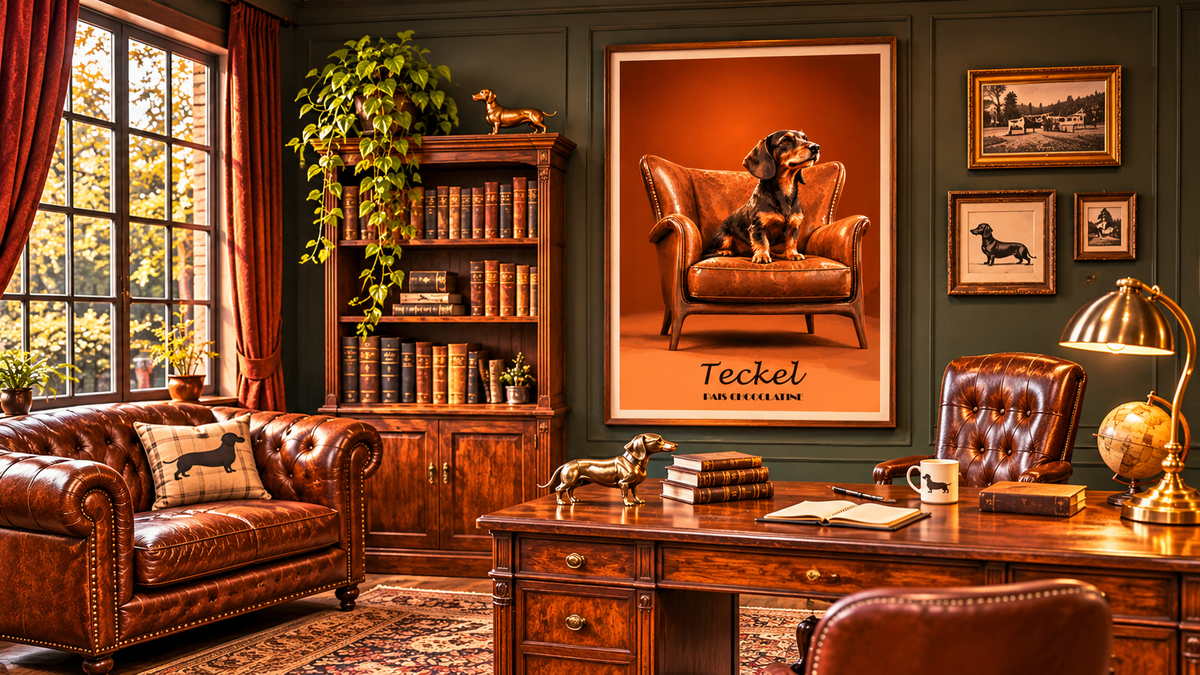 Affiche vintage Teckel présentée dans un intérieur chaleureux, décoration murale originale inspirée des années 50.
