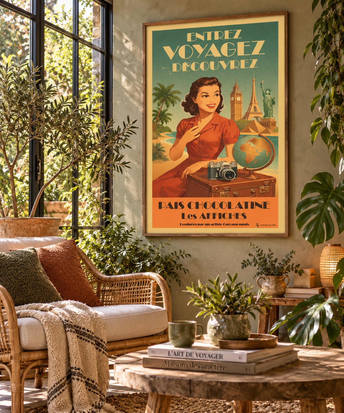 Affiche Voyagez présentée dans un jardin d’hiver cosy – décoration rétro Pais Chocolatine
