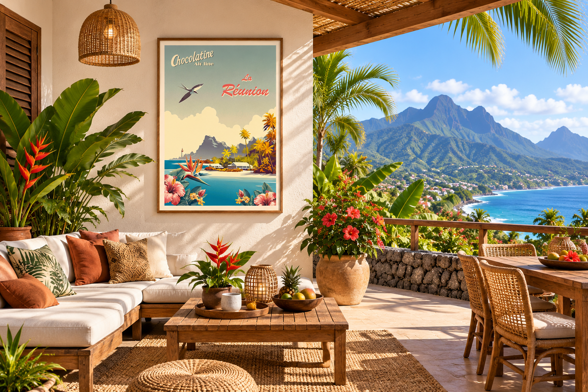 Affiche vintage La Réunion en situation – décoration murale tropicale avec lagon et végétation de l’océan Indien, Pais Chocolatine