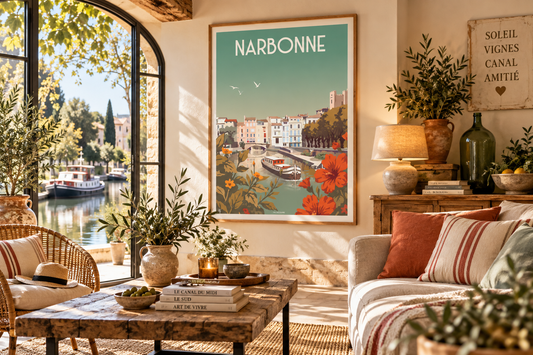Affiche Narbonne vintage encadrée dans un salon esprit Sud – décoration murale Canal de la Robine Pais Chocolatine