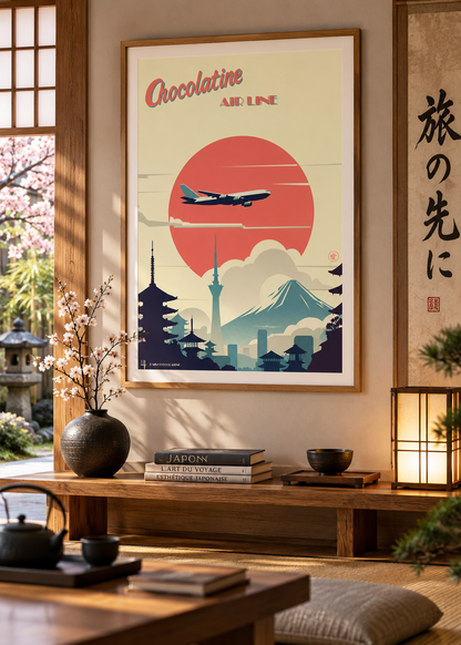 Affiche Japon vintage encadrée dans un intérieur japonais – décoration murale voyage Pais Chocolatine