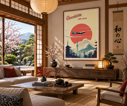 Affiche Japon rétro en décoration dans un intérieur ambiance japonaise – poster voyage Pais Chocolatine