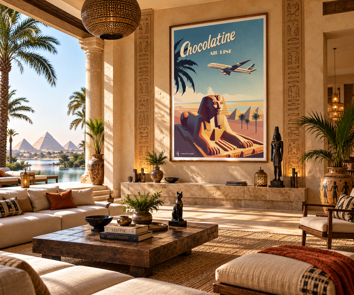 Poster Égypte rétro présenté dans un intérieur ambiance égyptienne – affiche voyage pyramides de Gizeh Pais Chocolatine