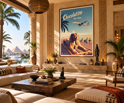 Poster Égypte rétro présenté dans un intérieur ambiance égyptienne – affiche voyage pyramides de Gizeh Pais Chocolatine