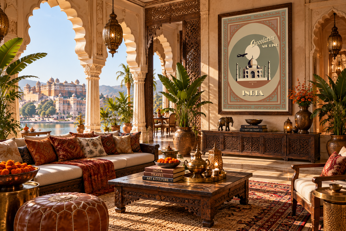 Poster Inde rétro présenté dans un intérieur ambiance indienne – affiche voyage Taj Mahal Pais Chocolatine