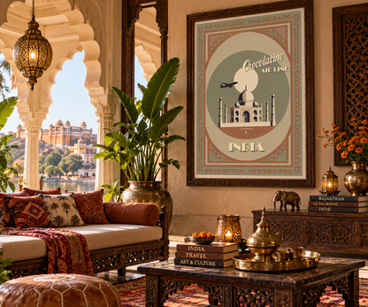 Affiche Inde vintage encadrée dans un intérieur d’inspiration indienne – décoration murale Taj Mahal Pais Chocolatine