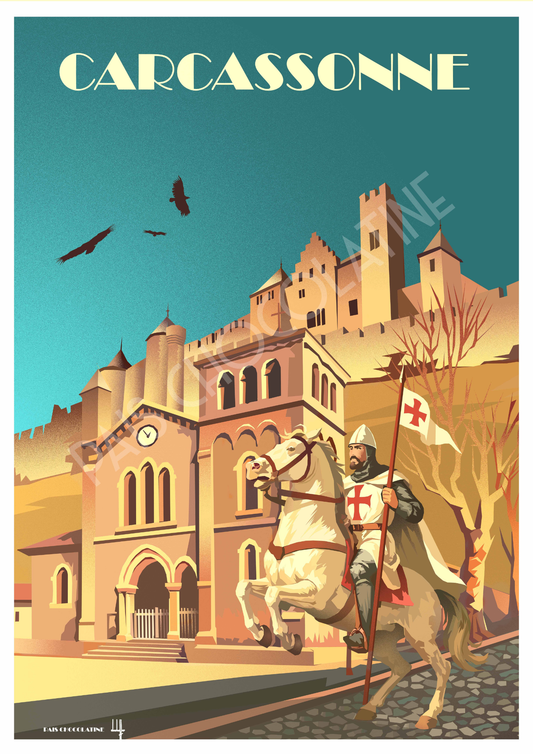 Affiche vintage Carcassonne avec chevalier devant la Cité médiévale et ses remparts, illustration rétro de voyage – Pais Chocolatine