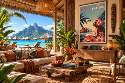 Poster Tahiti rétro présenté dans un bungalow ambiance Polynésie – affiche voyage tropical Pais Chocolatine