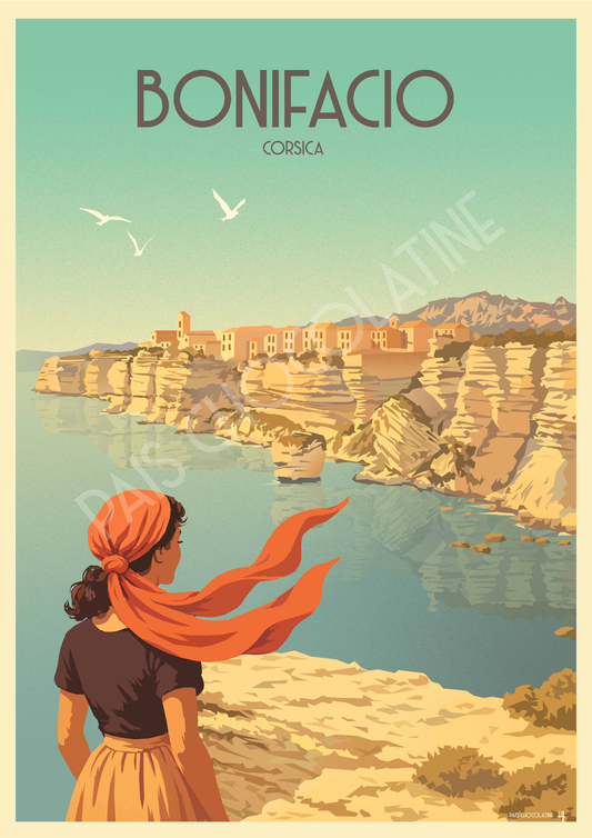 Affiche Bonifacio vintage – falaises de Corse et Méditerranée, illustration rétro Pais Chocolatine