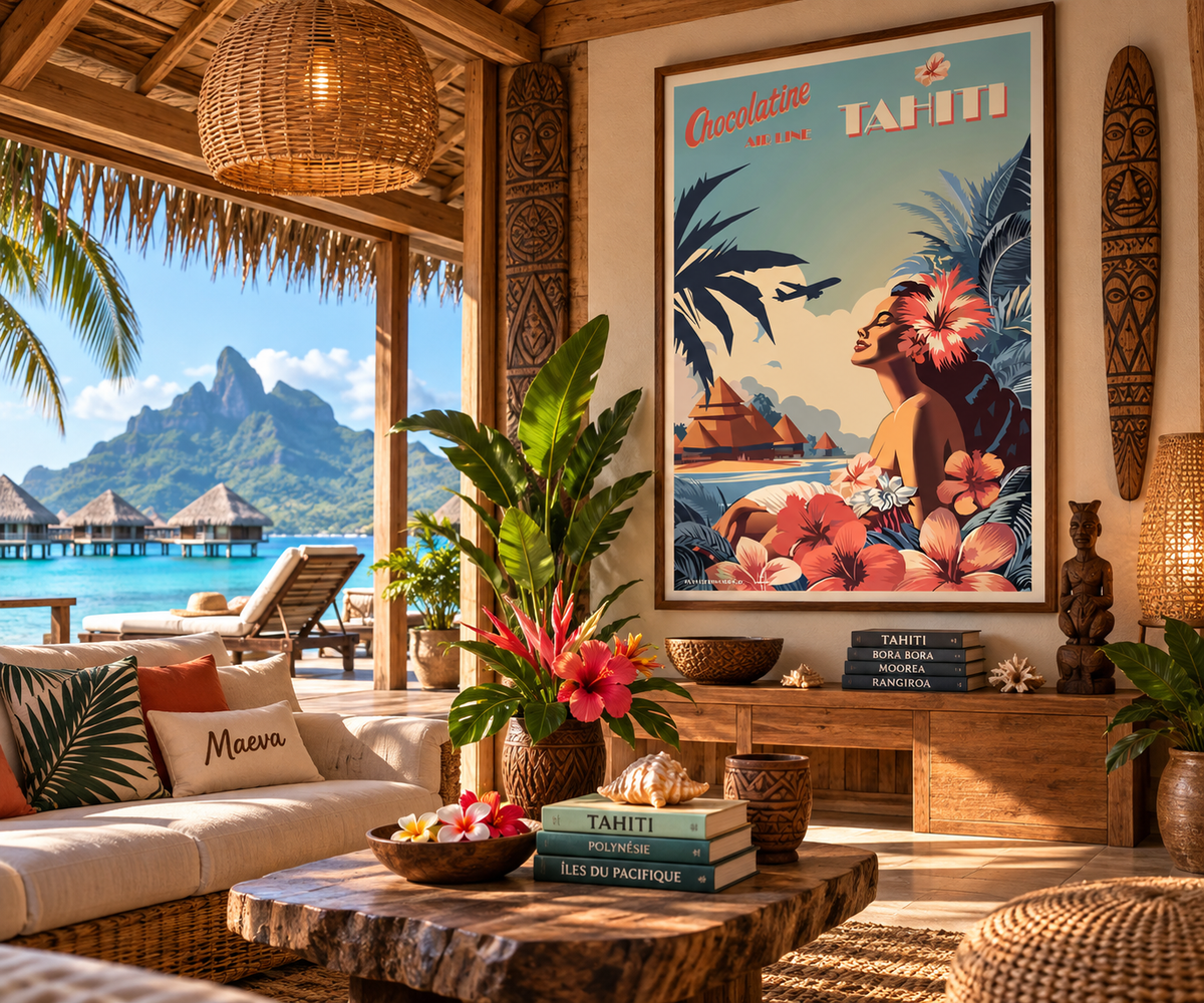 Affiche Tahiti vintage encadrée dans un intérieur tropical polynésien – décoration murale voyage Pais Chocolatine