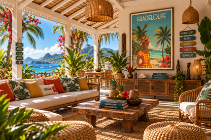 Poster Guadeloupe rétro présenté dans un intérieur ambiance antillaise – affiche voyage tropical Pais Chocolatine