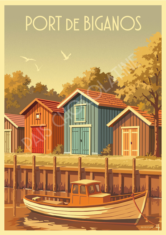 Affiche Port de Biganos vintage – cabanes colorées, pinasse et port de pêche du Bassin d’Arcachon, Pais Chocolatine