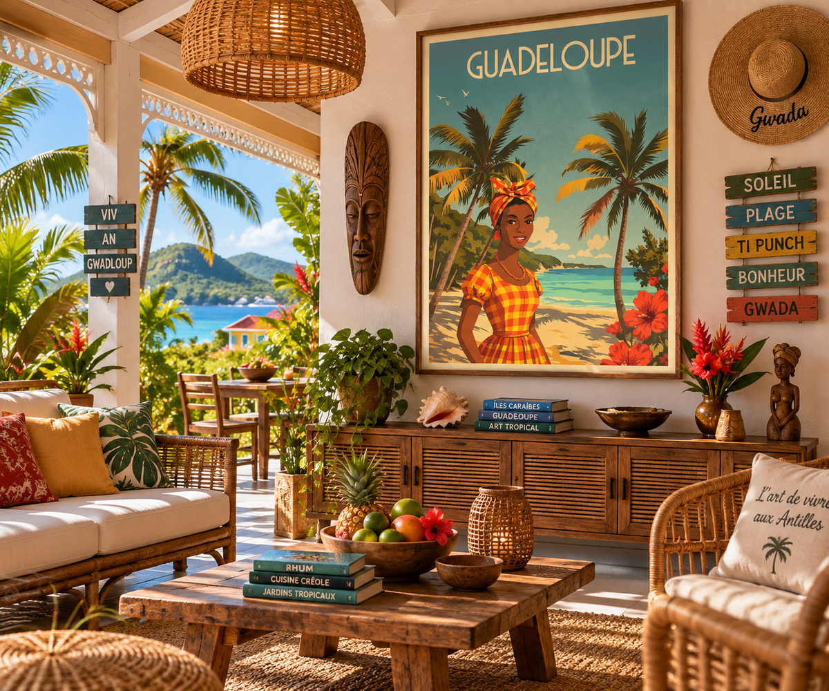 Affiche Guadeloupe vintage encadrée dans un intérieur tropical antillais – décoration murale Caraïbes Pais Chocolatine