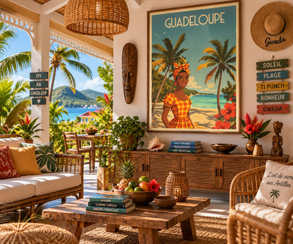 Affiche Guadeloupe vintage encadrée dans un intérieur tropical antillais – décoration murale Caraïbes Pais Chocolatine
