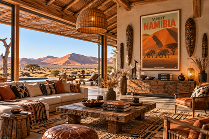 Poster Namibie rétro présenté dans un intérieur ambiance Afrique – affiche voyage désert et éléphant Pais Chocolatine