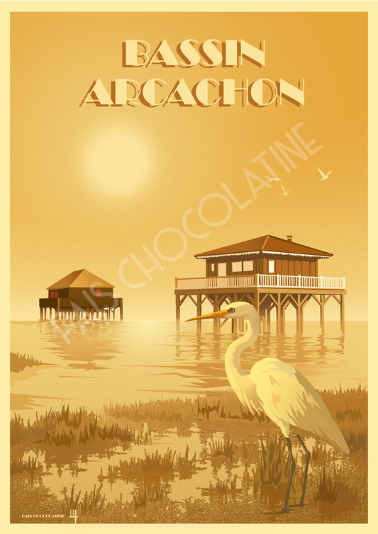 Affiche Bassin d’Arcachon vintage – Île aux Oiseaux, cabanes tchanquées et héron, création Pais Chocolatine