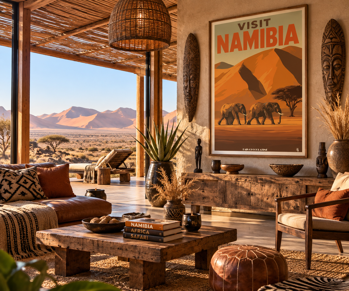 Affiche Namibie vintage encadrée dans un intérieur d’inspiration africaine – décoration murale voyage Pais Chocolatine