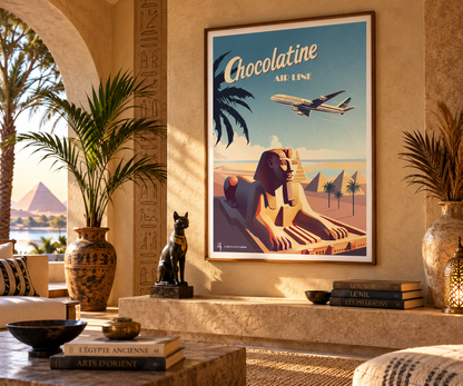 Affiche Égypte vintage encadrée dans un intérieur d’inspiration égyptienne – décoration murale pyramides Pais Chocolatine