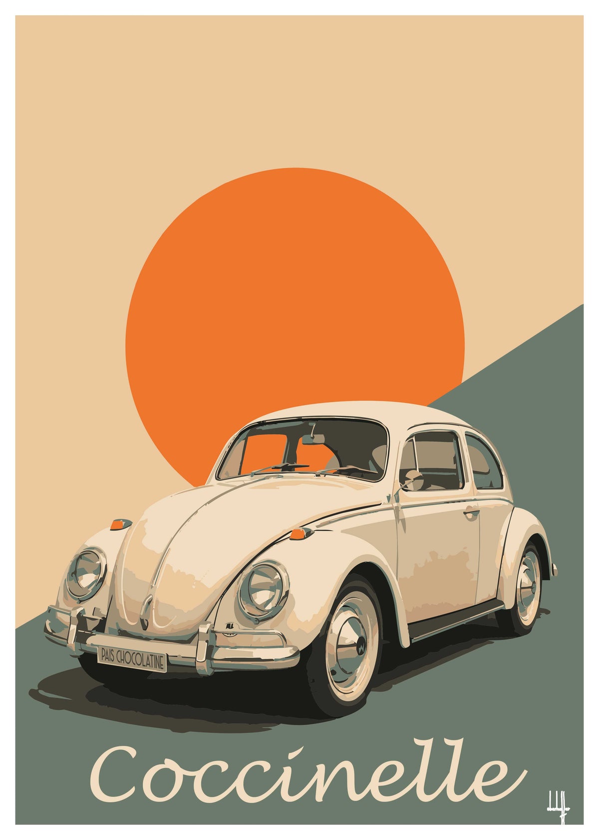 Affiche Volkswagen Coccinelle vintage – illustration automobile Pais Chocolatine