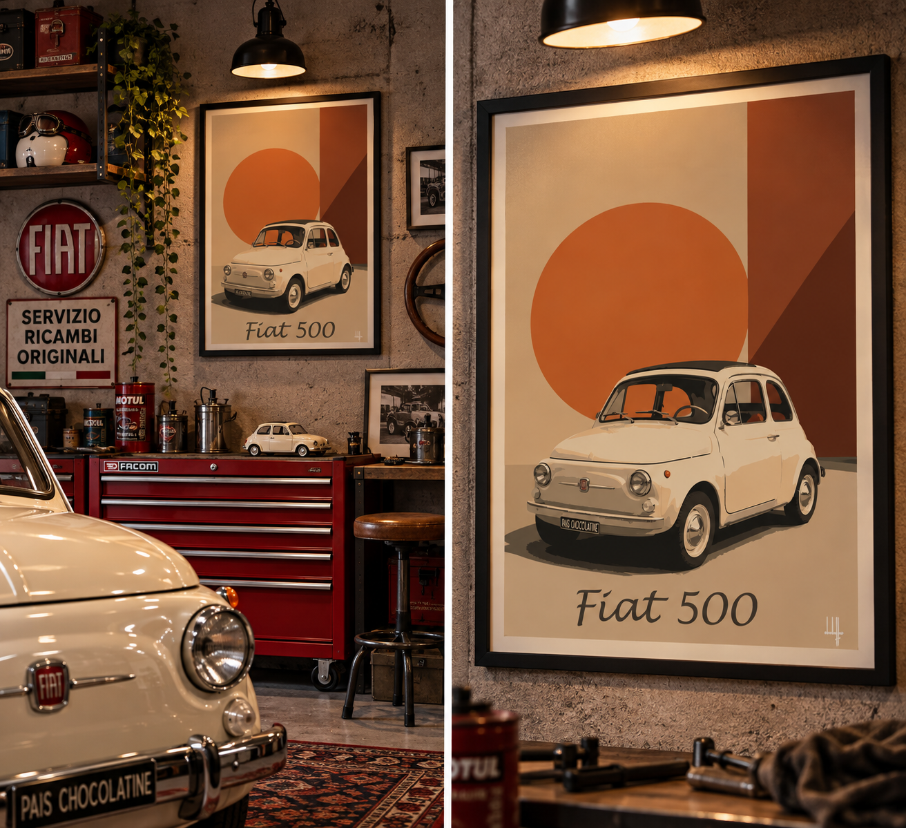 Affiche Fiat 500 présentée dans un garage vintage