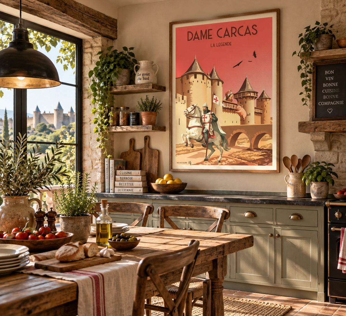 Affiche Dame Carcas dans un intérieur – décoration murale vintage inspirée de la légende de Carcassonne