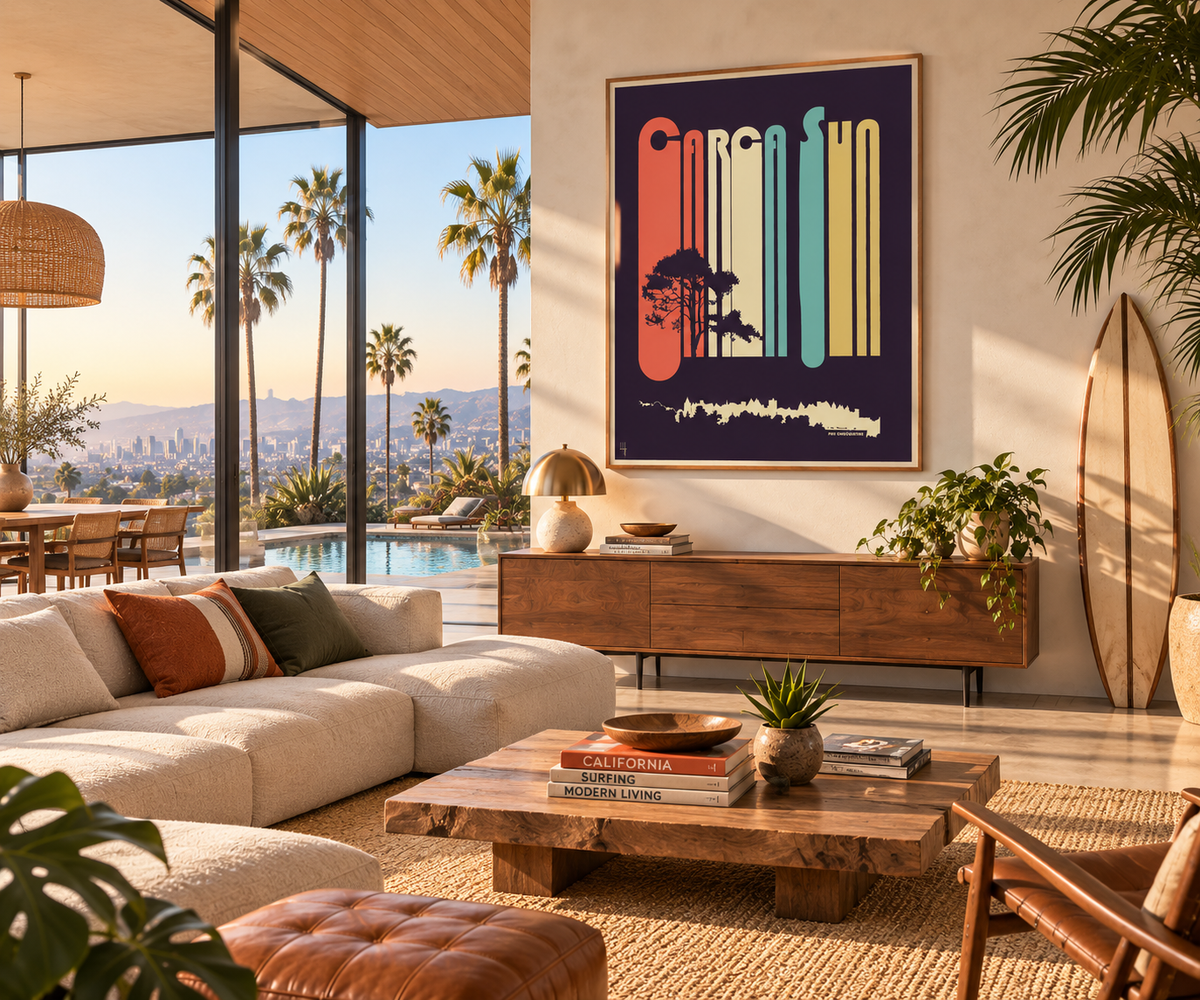 Affiche CarcaSun vintage Carcassonne présentée dans un intérieur design d’inspiration californienne, décoration murale rétro et moderne.