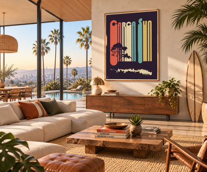 Affiche CarcaSun vintage Carcassonne présentée dans un intérieur design d’inspiration californienne, décoration murale rétro et moderne.