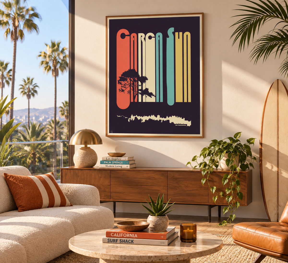 Poster CarcaSun Carcassonne dans un salon design ambiance Californie, affiche vintage colorée Pais Chocolatine en décoration murale.