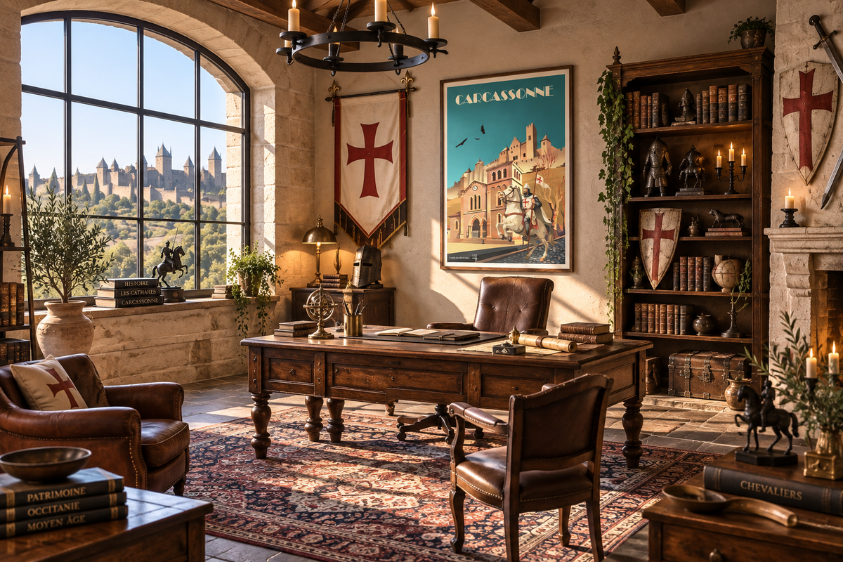 Affiche vintage Carcassonne Chevalier en situation dans un intérieur élégant, décoration murale médiévale et rétro – Pais Chocolatine