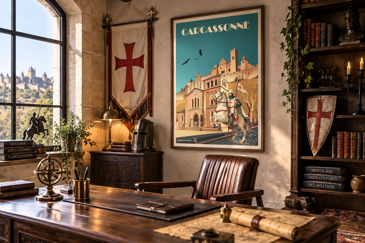 Affiche Carcassonne Chevalier présentée dans un intérieur design, décoration murale inspirée de la Cité médiévale – Pais Chocolatine